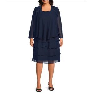 Ignite Evenings Elegant Navy Blue Layered, Beaded Dress  2-Piece, Size: 16W